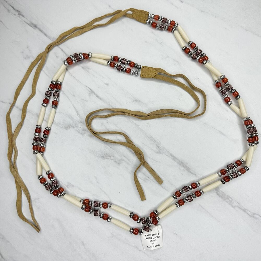 Beaded Genuine Leather Fringe Tie Belt XL ✨